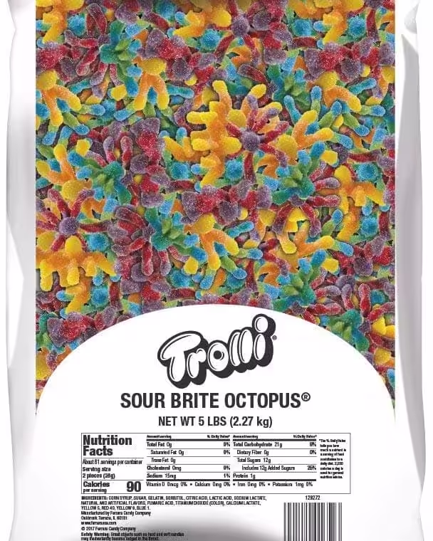 5-pound bulk bag of Trolli Sour Brite Octopus – colorful, sour gummy candy shaped like octopuses in a variety of vibrant colors.