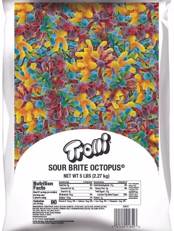 5-pound bulk bag of Trolli Sour Brite Octopus – colorful, sour gummy candy shaped like octopuses in a variety of vibrant colors.