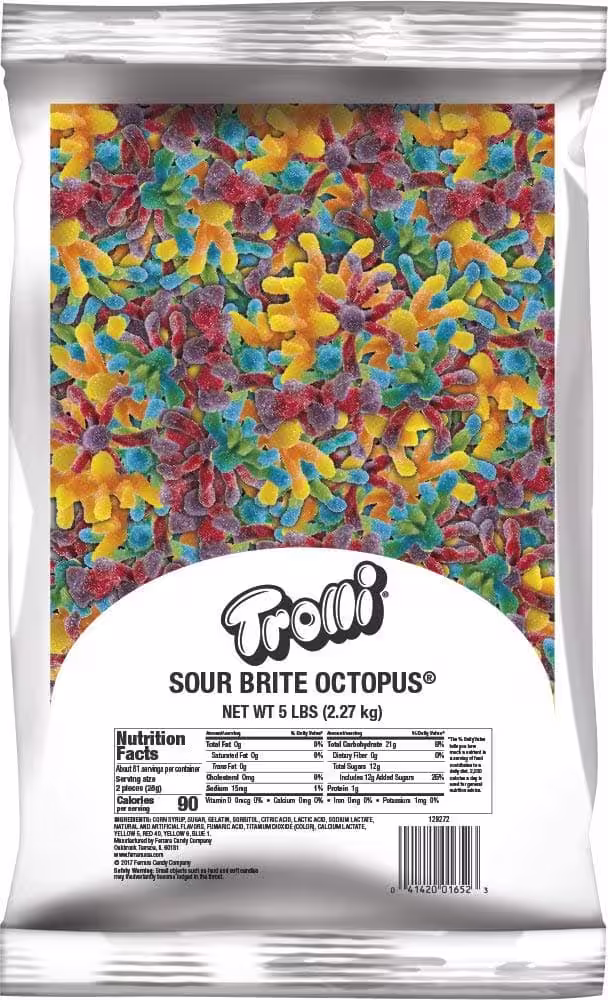 5-pound bulk bag of Trolli Sour Brite Octopus – colorful, sour gummy candy shaped like octopuses in a variety of vibrant colors.