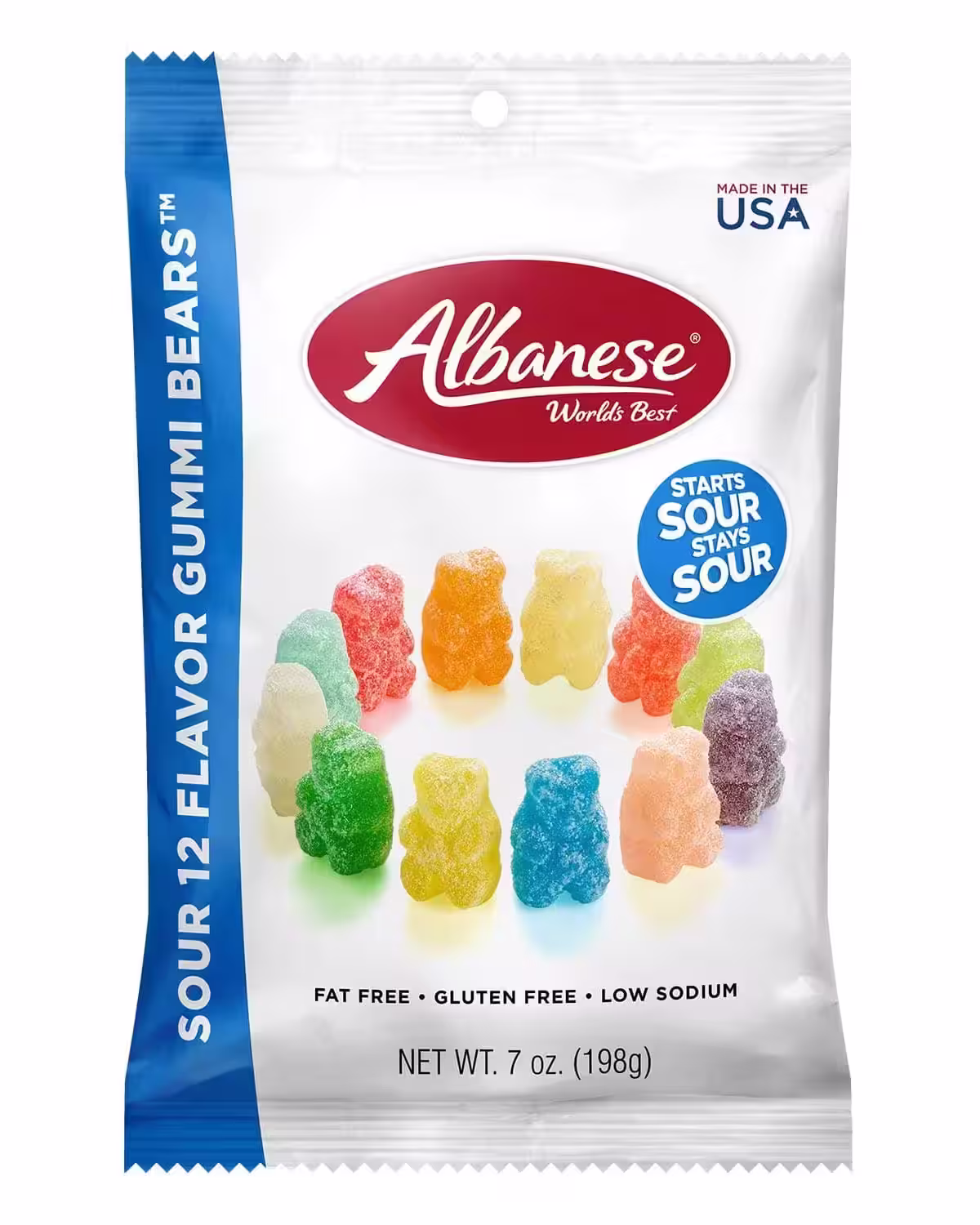 Pack of Albanese 12 Sour Flavors Gummy Bears, featuring a colorful assortment of sour gummy bears in flavors like Cherry, Pink Grapefruit, Watermelon, Strawberry, Orange, Blue Raspberry, Lime, Grape, Green Apple, Mango, Pineapple, and Lemon.