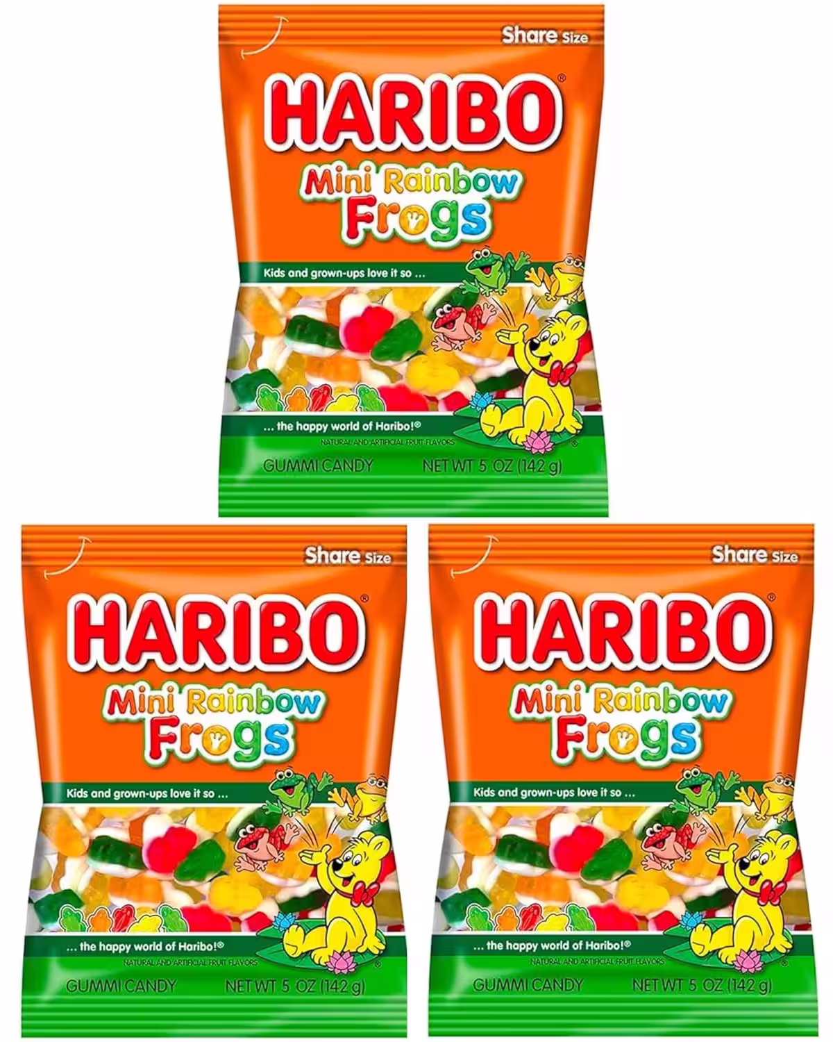Three packages of Haribo Mini Rainbow Frogs candy, featuring colorful gummy frogs in assorted fruity flavors, each in a 5-ounce bag.