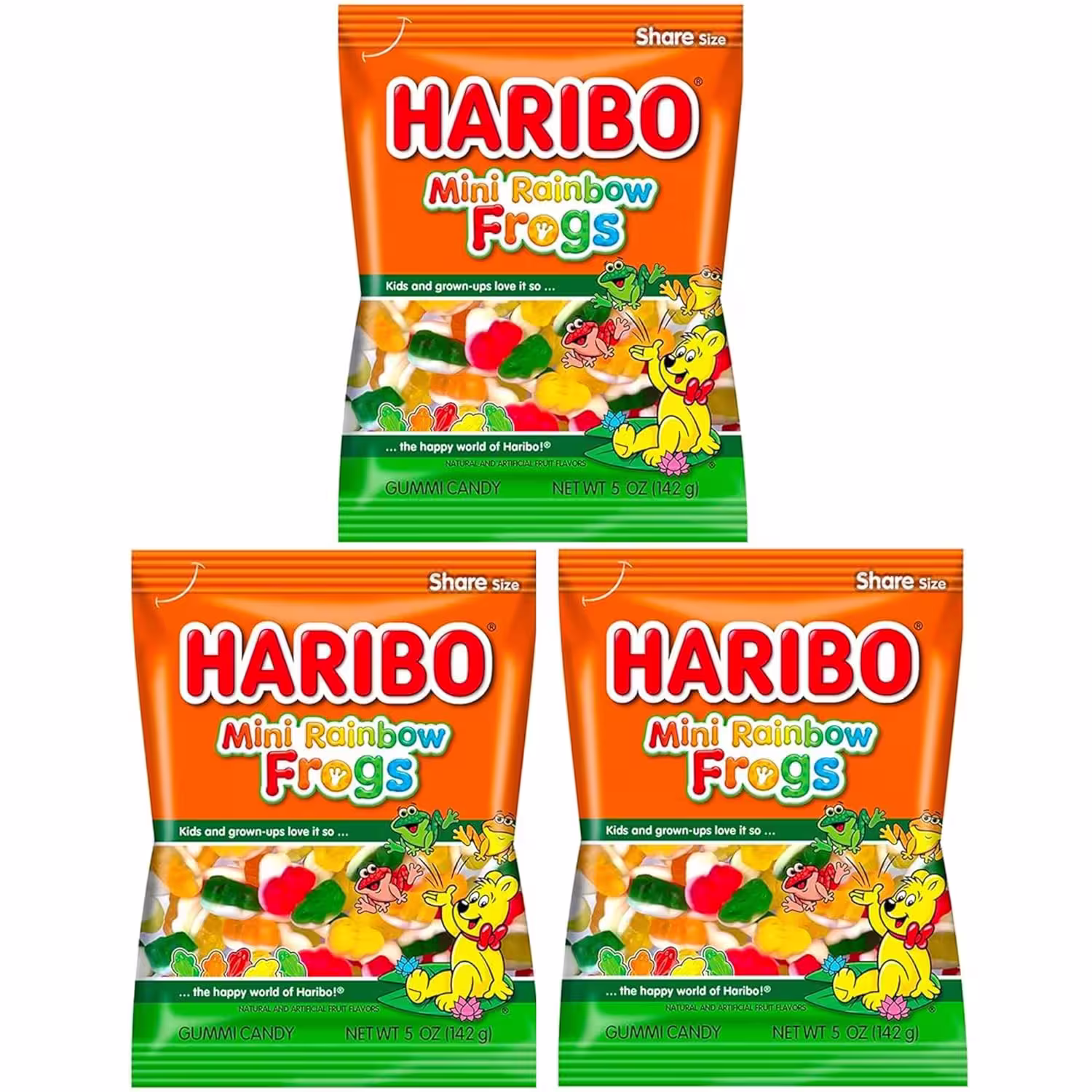 Three packages of Haribo Mini Rainbow Frogs candy, featuring colorful gummy frogs in assorted fruity flavors, each in a 5-ounce bag.