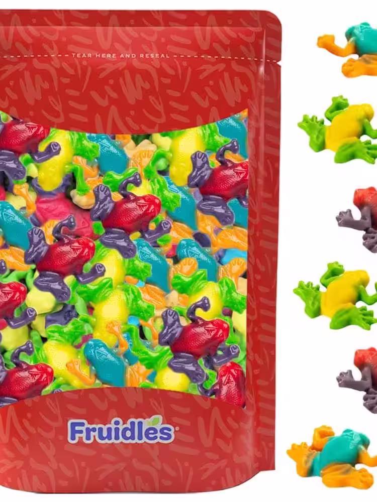 Pack of Fruidles Rainforest Gummy Frogs featuring vibrant, multi-colored gummy frogs in assorted tropical flavors like Strawberry, Grape, Sour Lemon, Sour Apple, Blue Raspberry, and Orange.