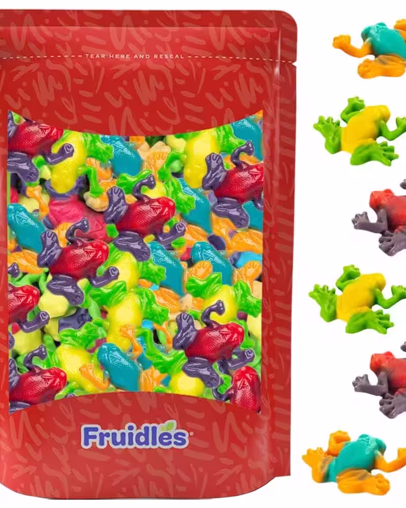 Pack of Fruidles Rainforest Gummy Frogs featuring vibrant, multi-colored gummy frogs in assorted tropical flavors like Strawberry, Grape, Sour Lemon, Sour Apple, Blue Raspberry, and Orange.