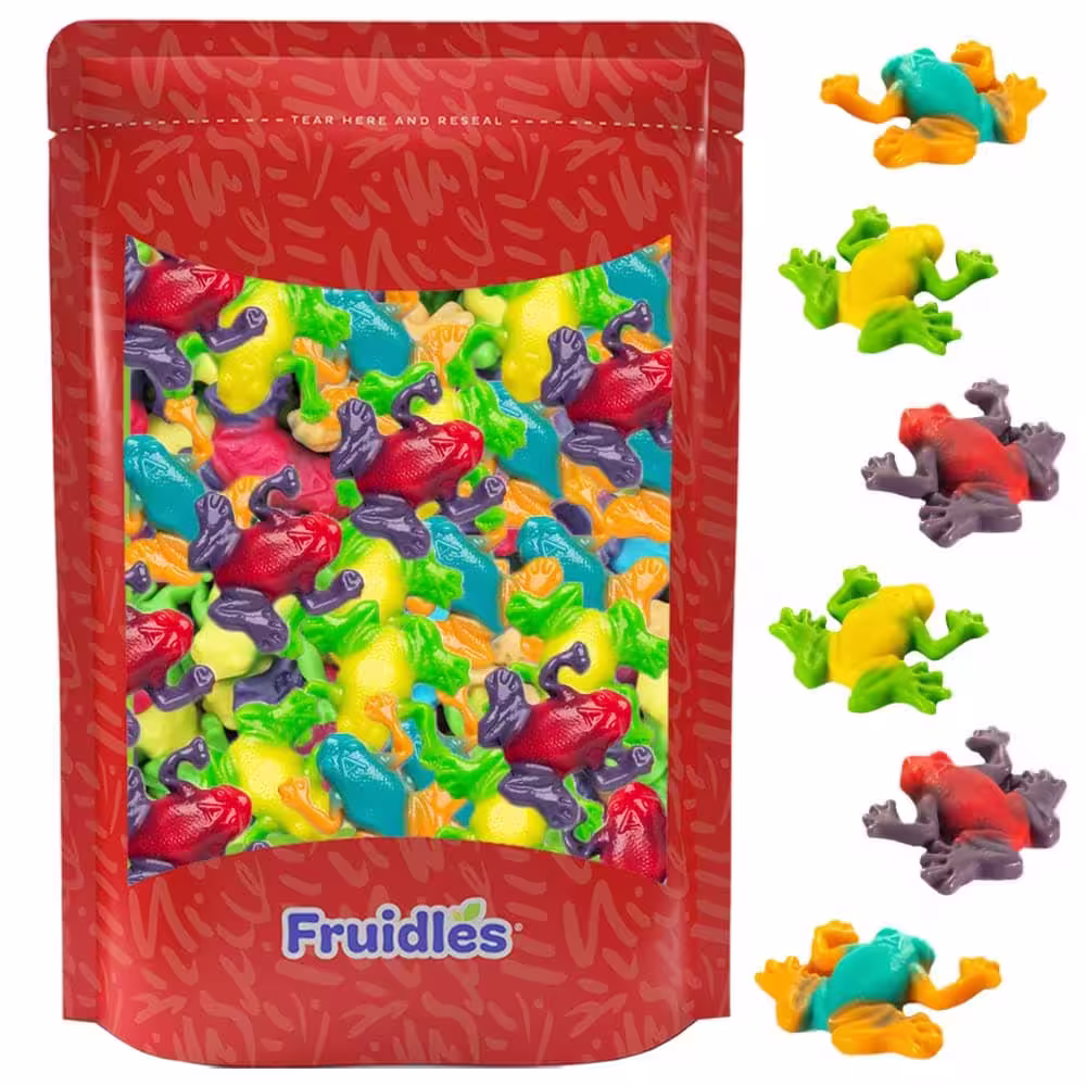 Pack of Fruidles Rainforest Gummy Frogs featuring vibrant, multi-colored gummy frogs in assorted tropical flavors like Strawberry, Grape, Sour Lemon, Sour Apple, Blue Raspberry, and Orange.