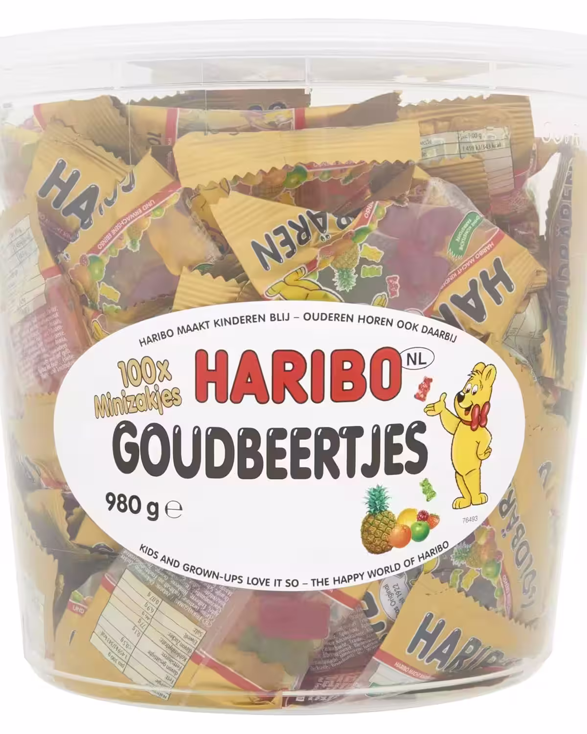 980g tub of Haribo Goldbaren Mini gummy bears, featuring: pineapple, strawberry, lemon, and raspberry flavors, free from synthetic dyes, imported from Germany.
