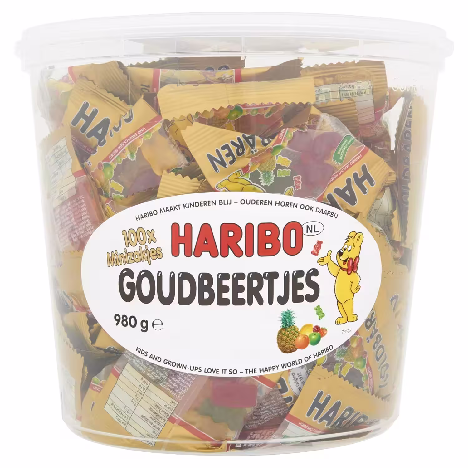 980g tub of Haribo Goldbaren Mini gummy bears, featuring: pineapple, strawberry, lemon, and raspberry flavors, free from synthetic dyes, imported from Germany.