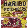 Pack of Haribo Limited Edition Cherry Flavor Gold Bears Gummy Candy featuring cherry-flavored gummy bears in a vibrant gold and red bag, 4 oz.
