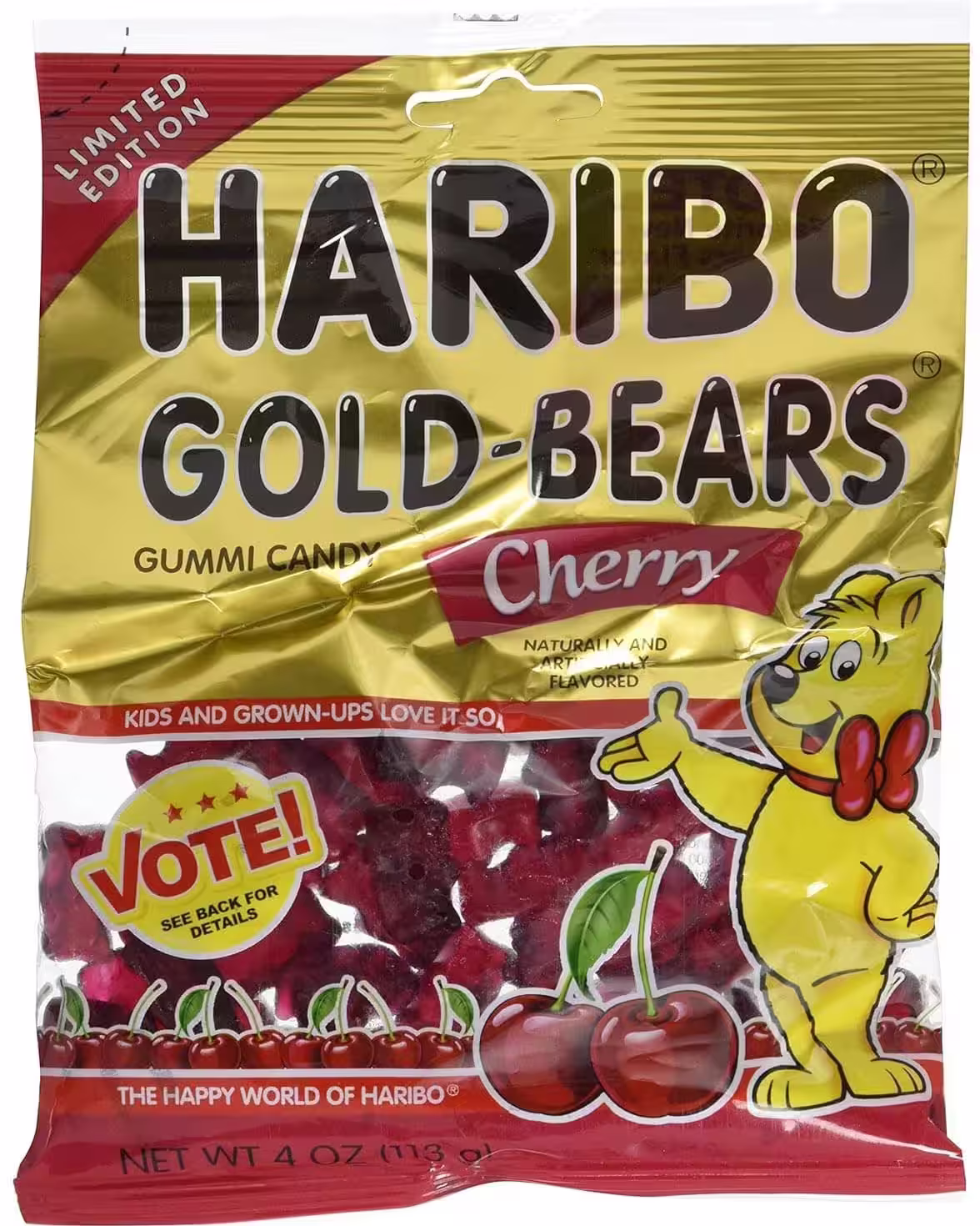Pack of Haribo Limited Edition Cherry Flavor Gold Bears Gummy Candy featuring cherry-flavored gummy bears in a vibrant gold and red bag, 4 oz.