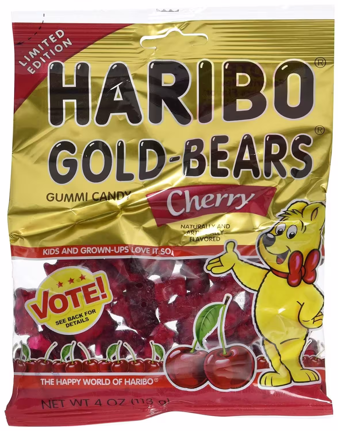 Pack of Haribo Limited Edition Cherry Flavor Gold Bears Gummy Candy featuring cherry-flavored gummy bears in a vibrant gold and red bag, 4 oz.