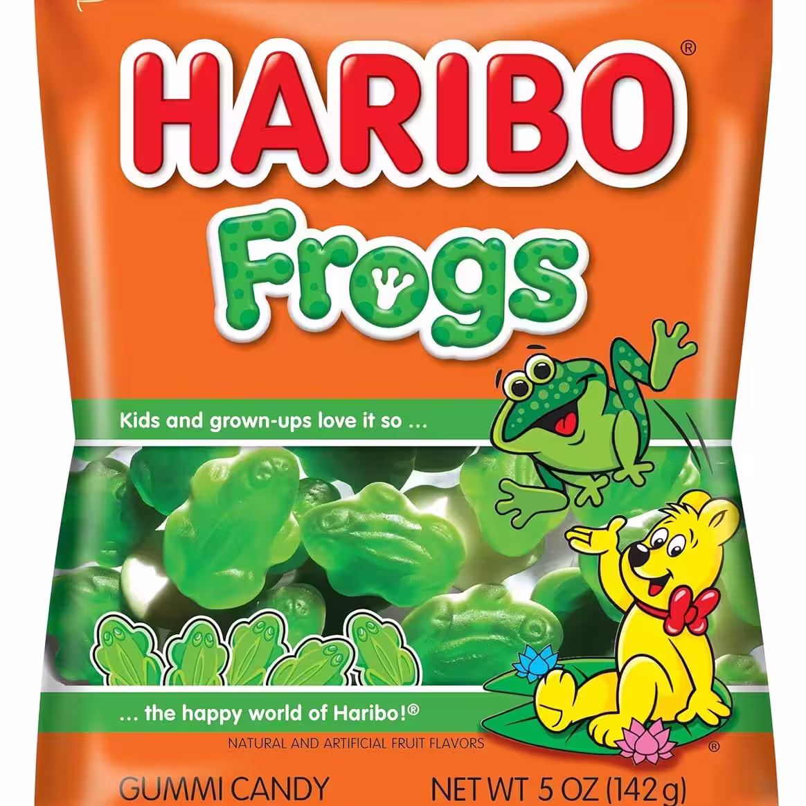 Pack of Haribo Gummy Frogs, 5 oz bag of apple-flavored gummy candies shaped like green frogs with white bellies, displayed against a bright background.