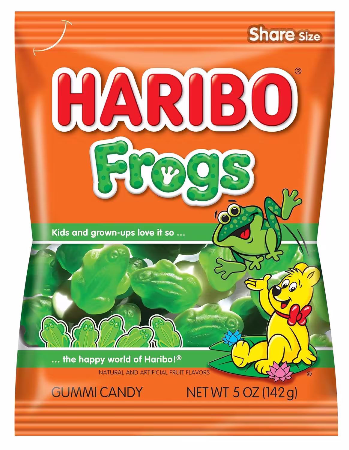 Pack of Haribo Gummy Frogs, 5 oz bag of apple-flavored gummy candies shaped like green frogs with white bellies, displayed against a bright background.