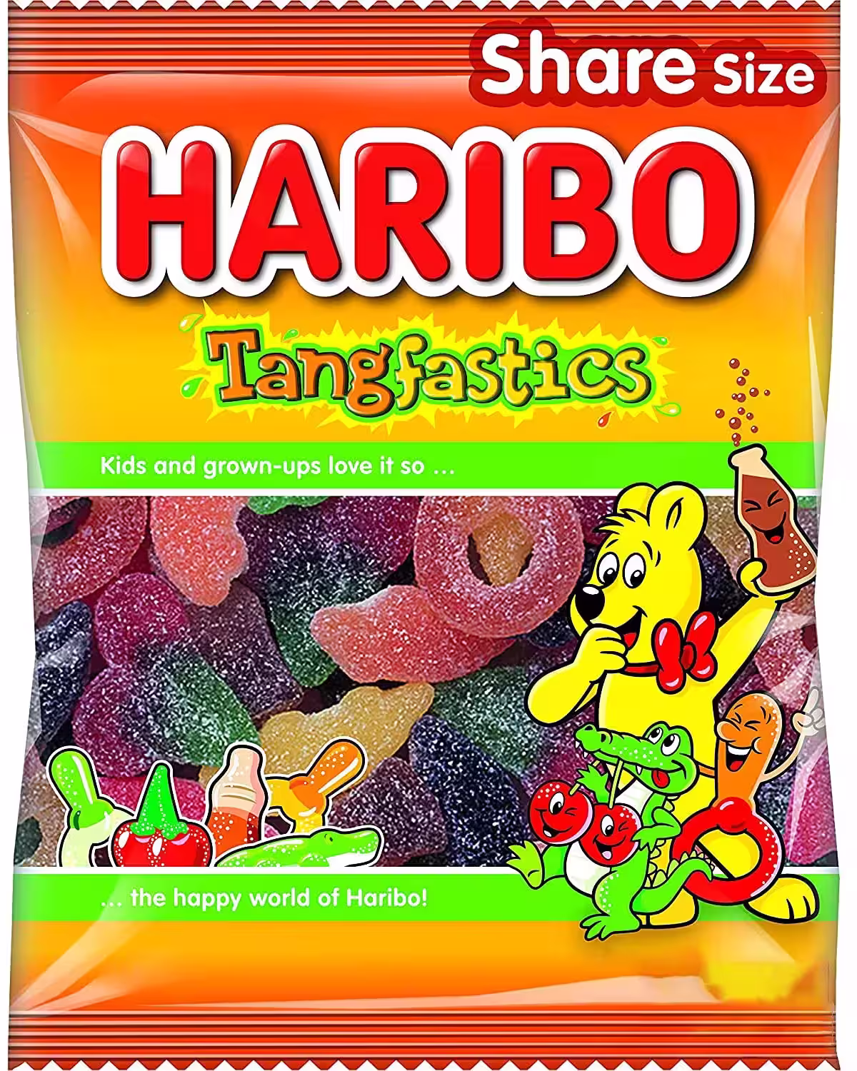 Pack of Haribo Tangfastics Gummy Candy featuring an assortment of tangy gummy shapes like fizzy cola bottles, sour cherries, dummies, and crocodiles in a colorful 160g bag