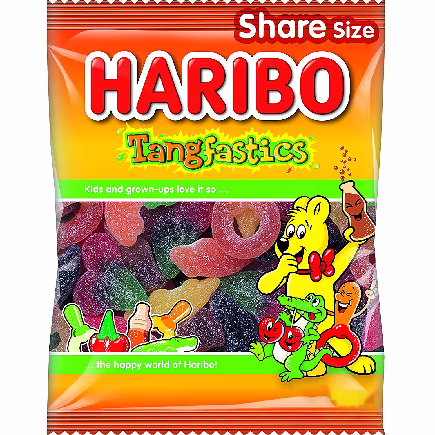 Pack of Haribo Tangfastics Gummy Candy featuring an assortment of tangy gummy shapes like fizzy cola bottles, sour cherries, dummies, and crocodiles in a colorful 160g bag