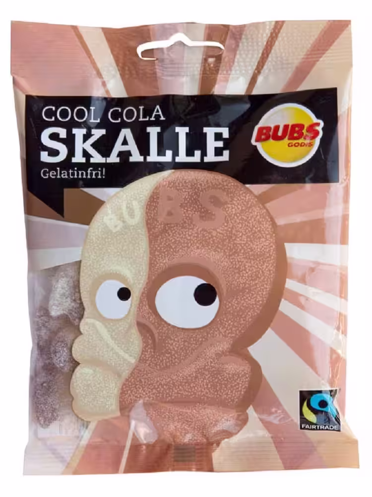 2-pack of Cool Cola Skalle by Bubs, featuring sour cola-flavored gummy skulls in vibrant packaging with Swedish design elements