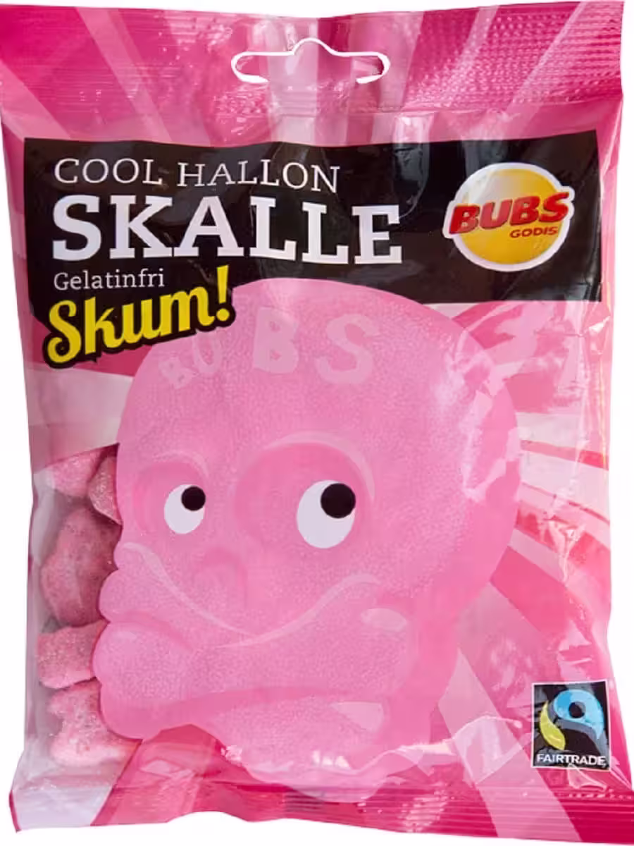 2-Pack of Cool Hallonskalle Skum - Swedish Sour Cool Raspberry Skull Foams - Raspberry-flavored pink skull-shaped candies with Fairtrade certification