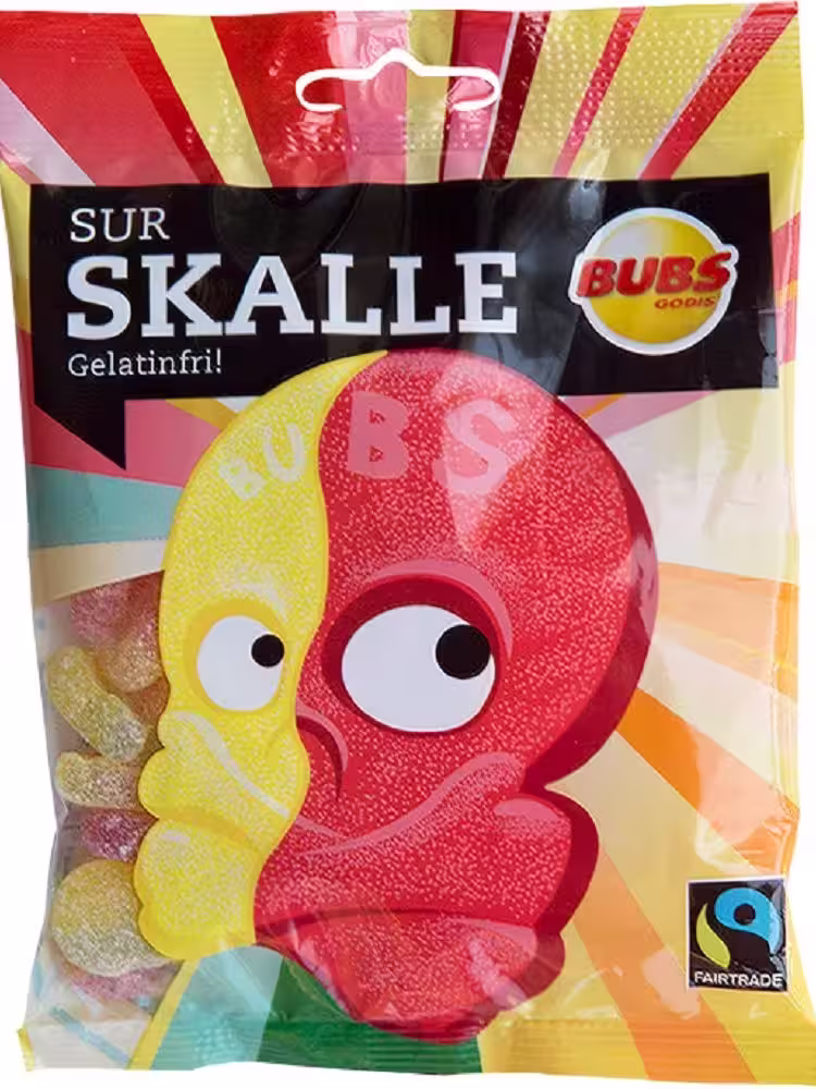 2 Pack of Bubs Godis Sur Skalle - Sur Skallar - Swedish Fruit Sour Skull Gelatin Free Wine Gums, vegan, skull-shaped sour gummies.