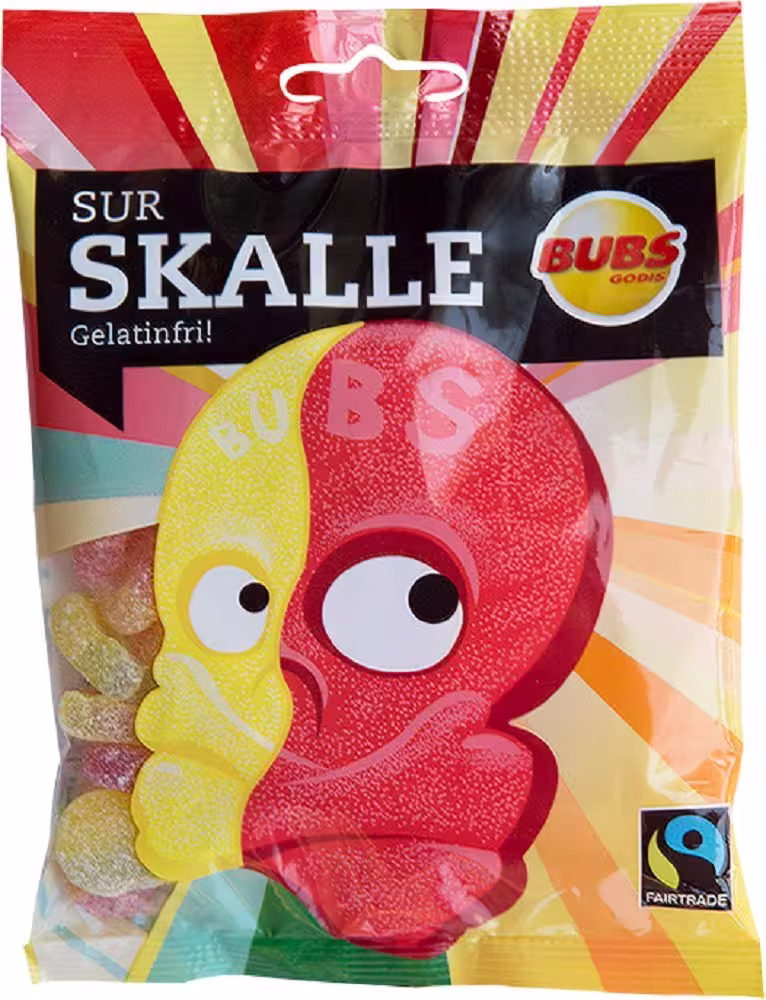 2 Pack of Bubs Godis Sur Skalle - Sur Skallar - Swedish Fruit Sour Skull Gelatin Free Wine Gums, vegan, skull-shaped sour gummies.