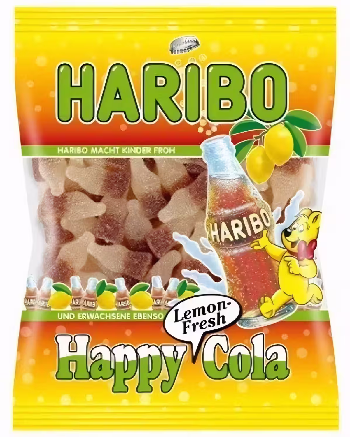 Pack of 4 bags of Haribo Happy Lemon-Fresh Cola Bottle Gummies with a lemon twist. Each 7oz bag features cola-flavored gummies coated in tangy lemon sugar