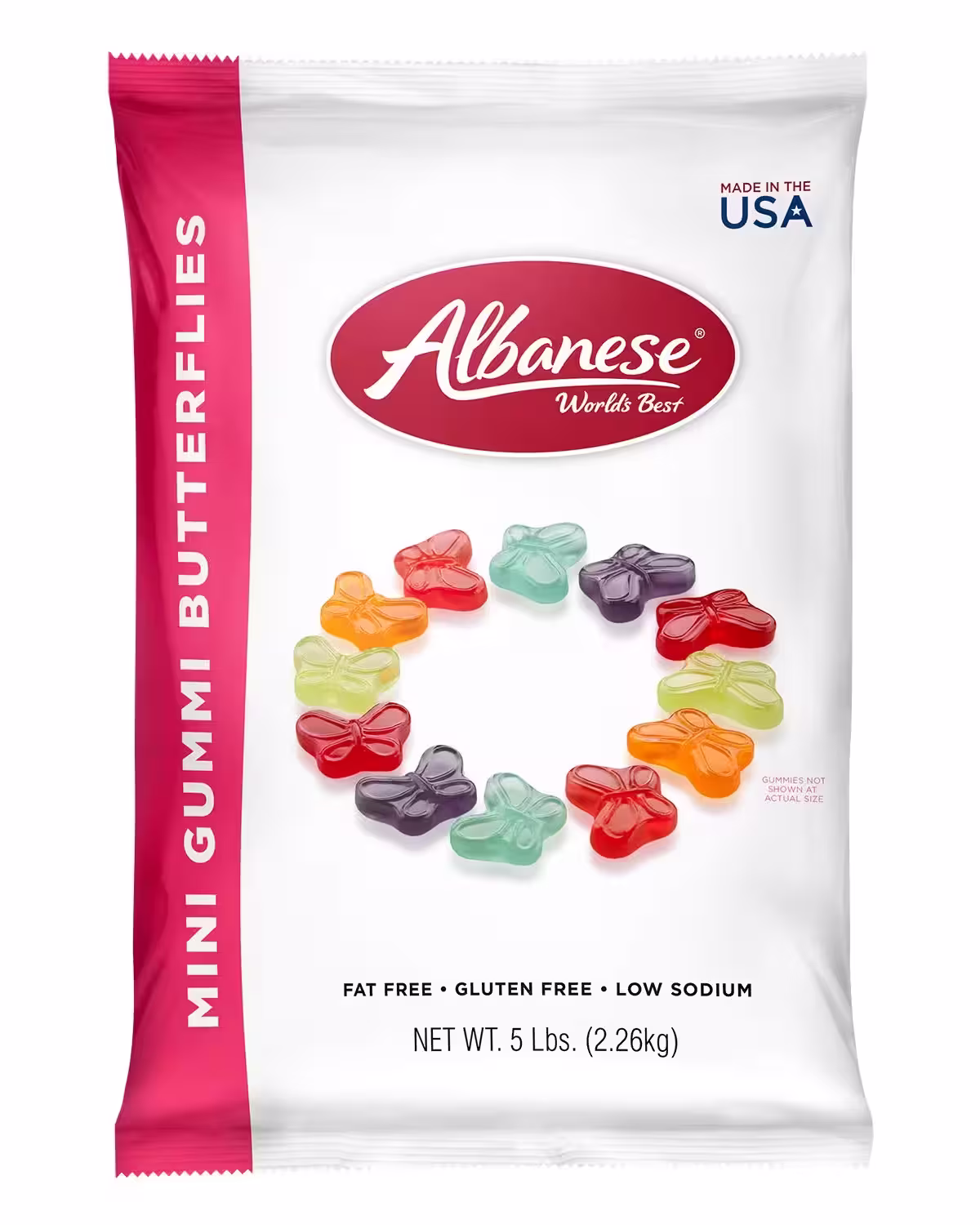 A red & white bag of colorful Albanese candy mini gummy butterflies on a white background
