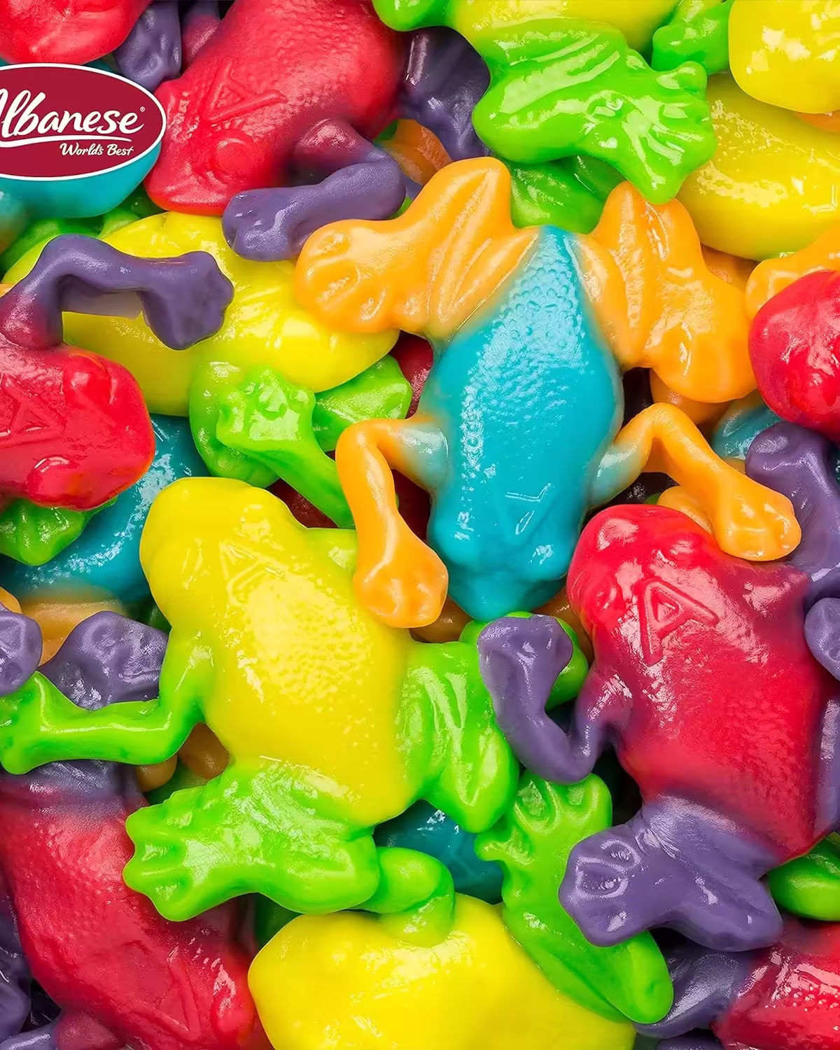 Colorful 5-pound pile of delicious Albanese Rainforest gummy frogs