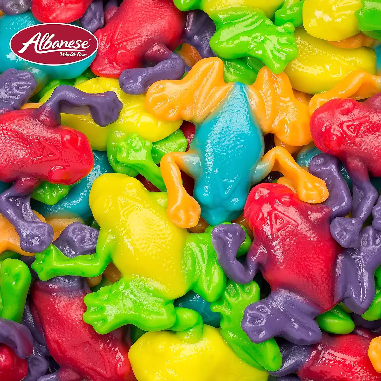 Colorful 5-pound pile of delicious Albanese Rainforest gummy frogs