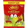 A family-sized bag of Allen's Snakes Alive gummy candy featuring vibrant, chewy snake-shaped gummies in various fruity flavors. The pack highlights its Australian origin and natural colors.