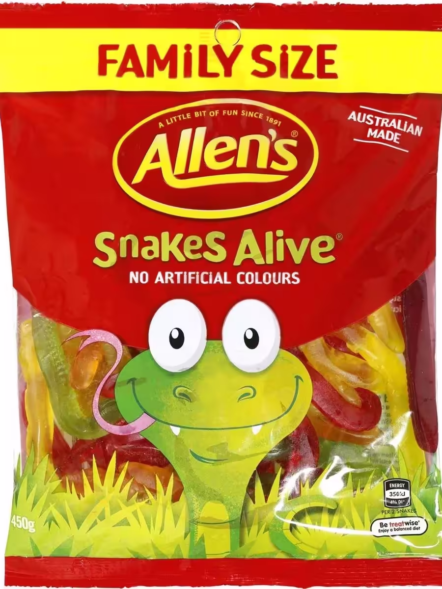 A family-sized bag of Allen's Snakes Alive gummy candy featuring vibrant, chewy snake-shaped gummies in various fruity flavors. The pack highlights its Australian origin and natural colors.