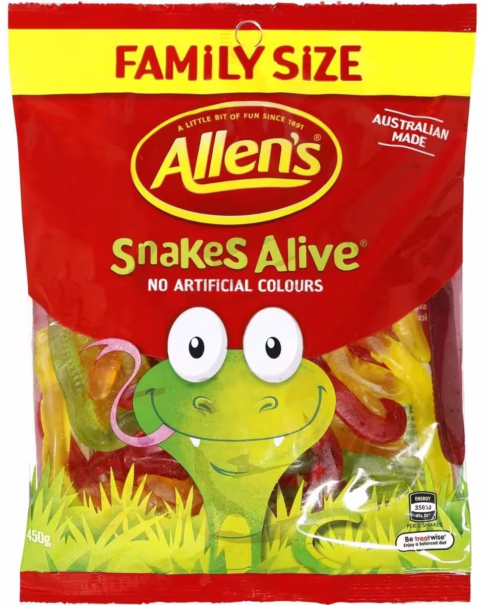 A family-sized bag of Allen's Snakes Alive gummy candy featuring vibrant, chewy snake-shaped gummies in various fruity flavors. The pack highlights its Australian origin and natural colors.