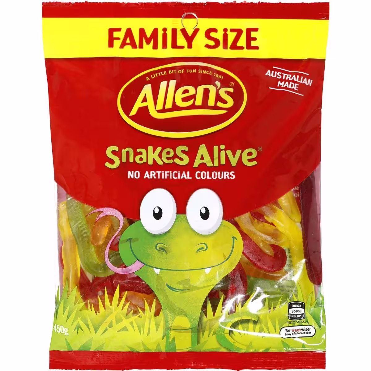 A family-sized bag of Allen's Snakes Alive gummy candy featuring vibrant, chewy snake-shaped gummies in various fruity flavors. The pack highlights its Australian origin and natural colors.