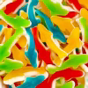 A 1-pound bag of Laeta Foods Gummy Sharks Candy, featuring colorful gummy sharks with mixed fruit flavors of cherry, orange, apple, and blue raspberry, with a white marshmallow-flavored bottom.