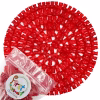 Bright red watermelon-flavored gummy bears formed in a large circle with FirstChoiceCandy bag in left corner on a white background