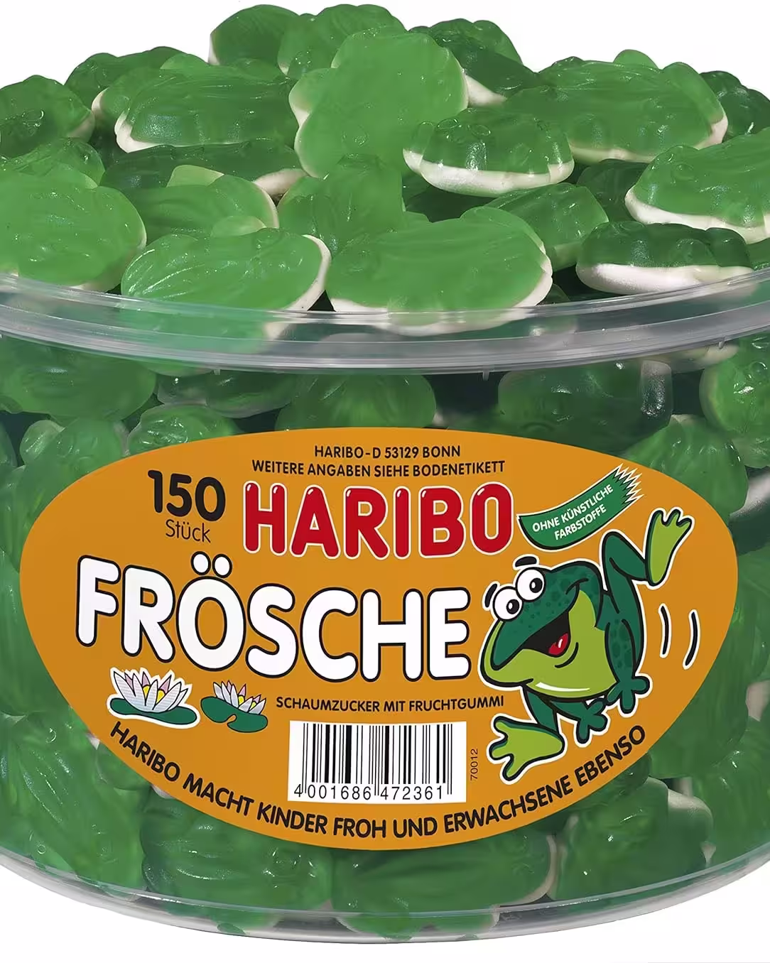 Large clear tub filled with green gummy frogs