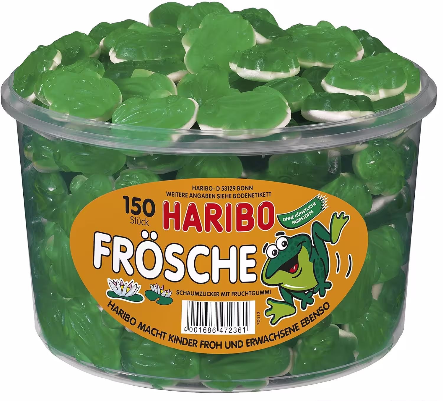 Large clear tub filled with green gummy frogs
