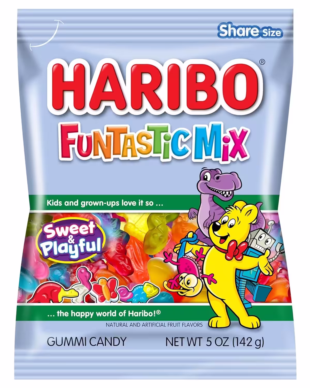 Light blue bag of Haribo Funtastic Mix colorful assortment of gummy candy on a white background