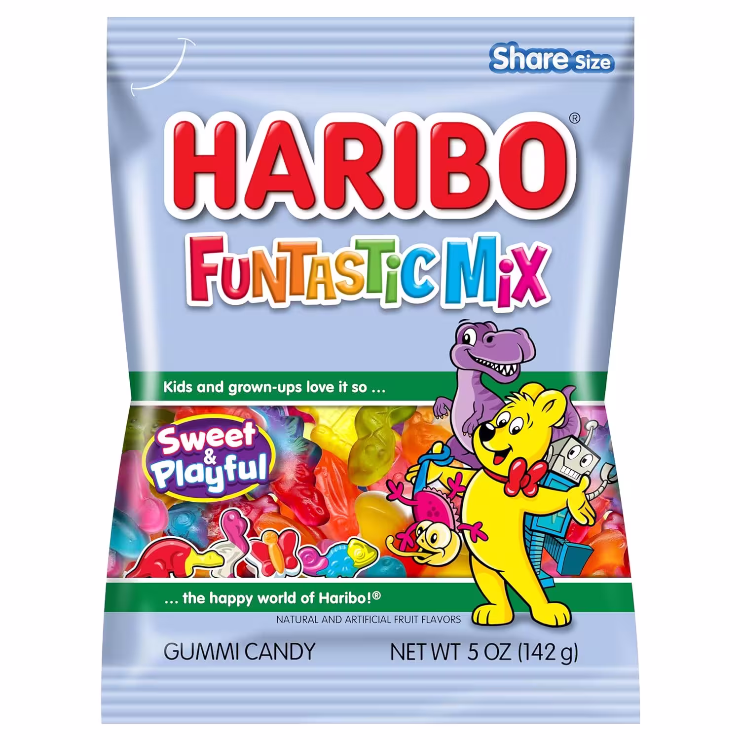 Light blue bag of Haribo Funtastic Mix colorful assortment of gummy candy on a white background