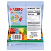 Rear view of Haribo Funtastic Mix gummies assortment with ingredients list and nutritional information of gummy candy.