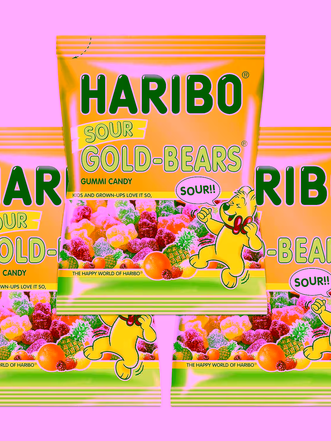 Three bags of HARIBO SOUR GOLDBEARS gummi candy, featuring colorful and sour bear-shaped gummies in a 3.6 oz package