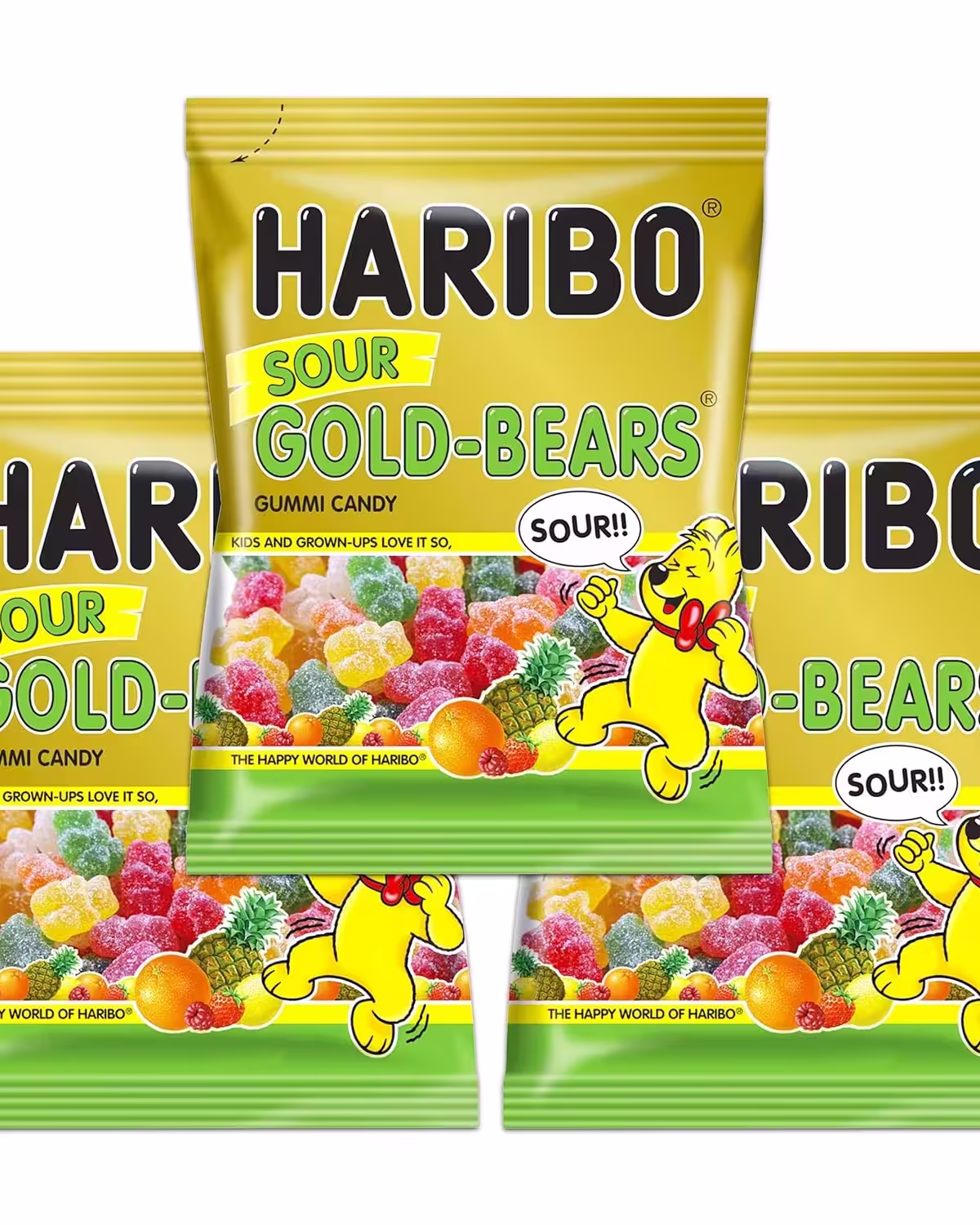 Three bags of HARIBO SOUR GOLDBEARS gummi candy, featuring colorful and sour bear-shaped gummies in a 3.6 oz package