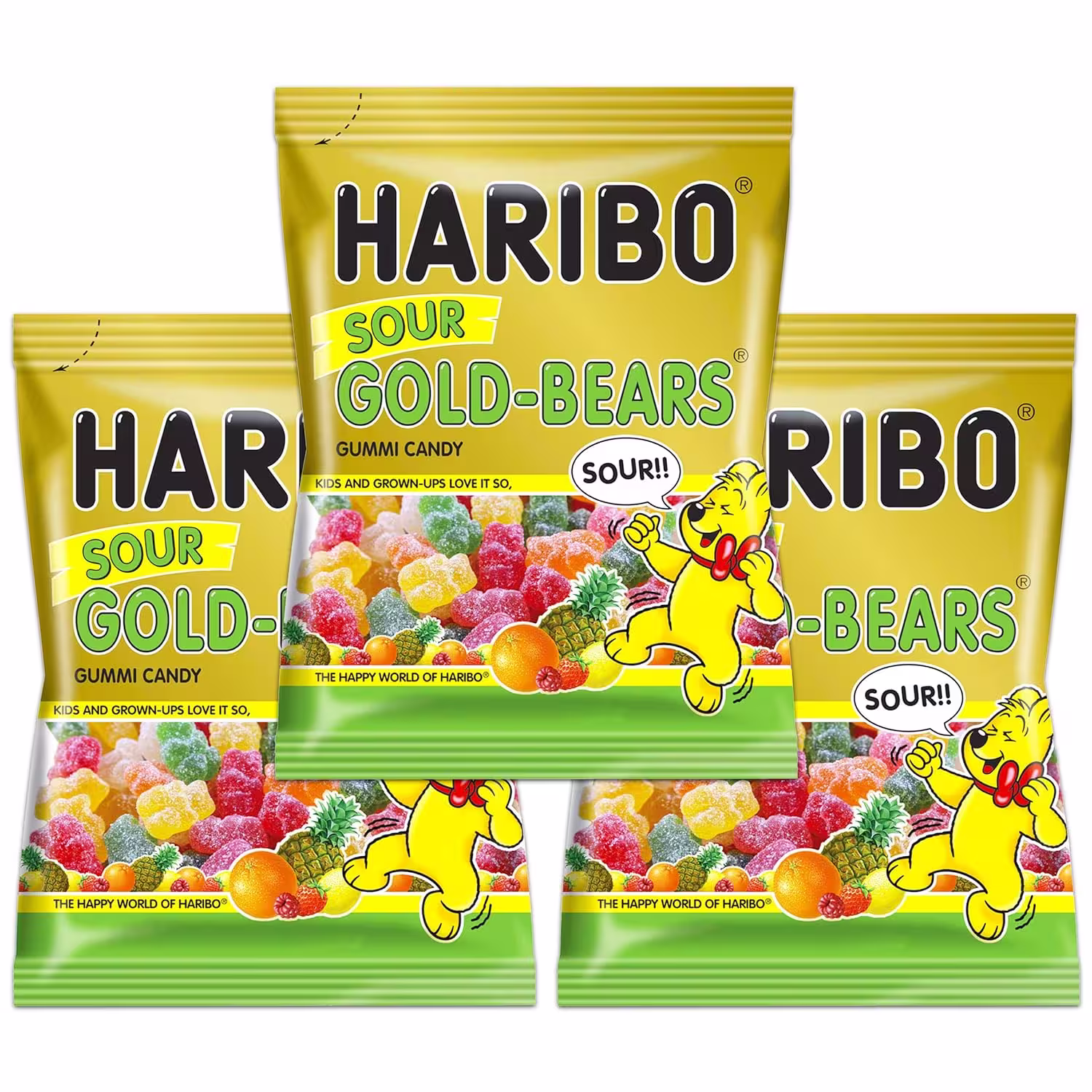 Three bags of HARIBO SOUR GOLDBEARS gummi candy, featuring colorful and sour bear-shaped gummies in a 3.6 oz package