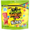 Bright green and yellow bag of colorful Sour Patch Kids BITES gummy candy on a white background