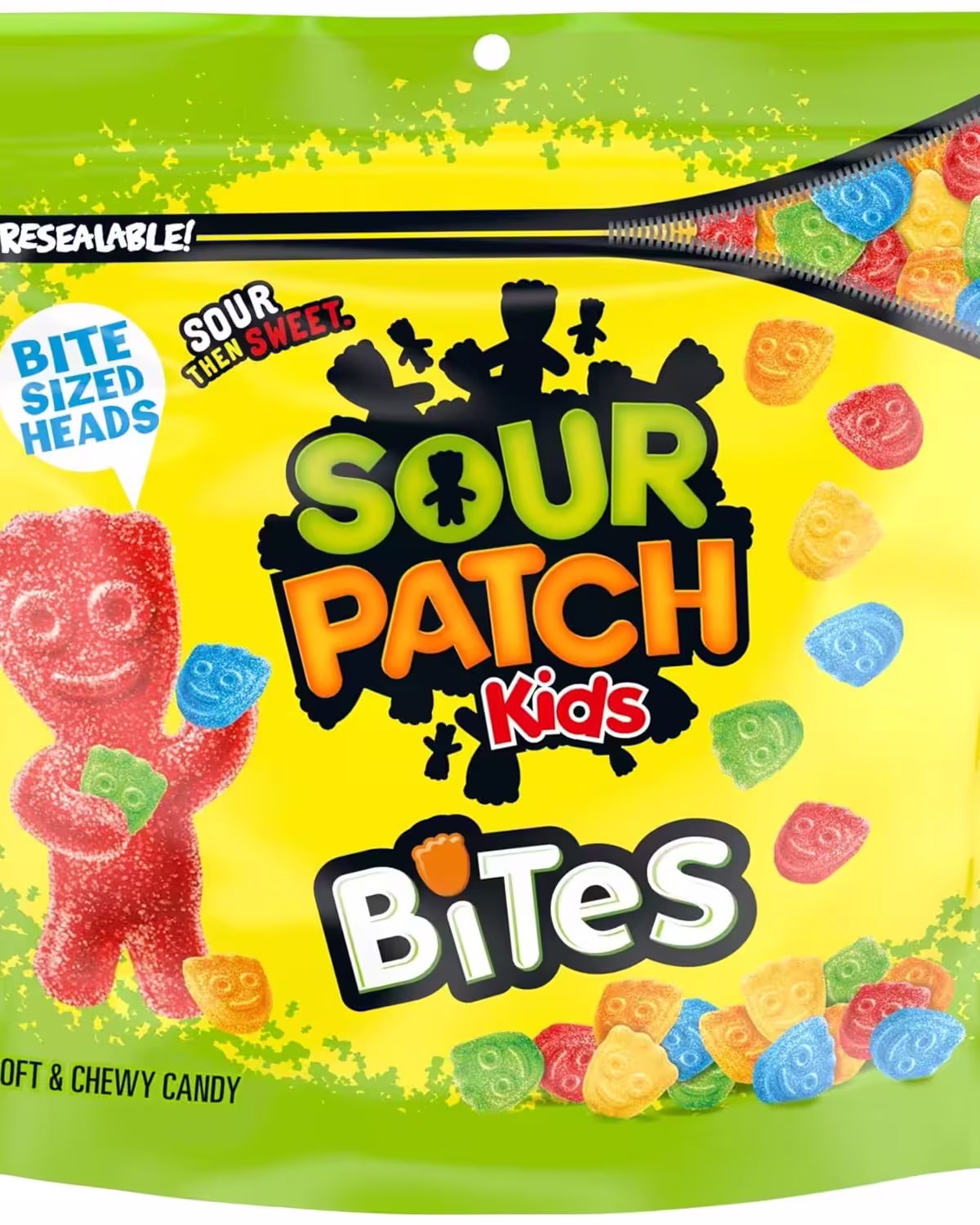 Bright green and yellow bag of colorful Sour Patch Kids BITES gummy candy on a white background