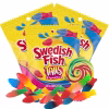 A colorful pack of SWEDISH FISH TAILS candy featuring two flavors in each piece, with flavor combinations of blue raspberry/strawberry, watermelon/pineapple, and raspberry/mango.