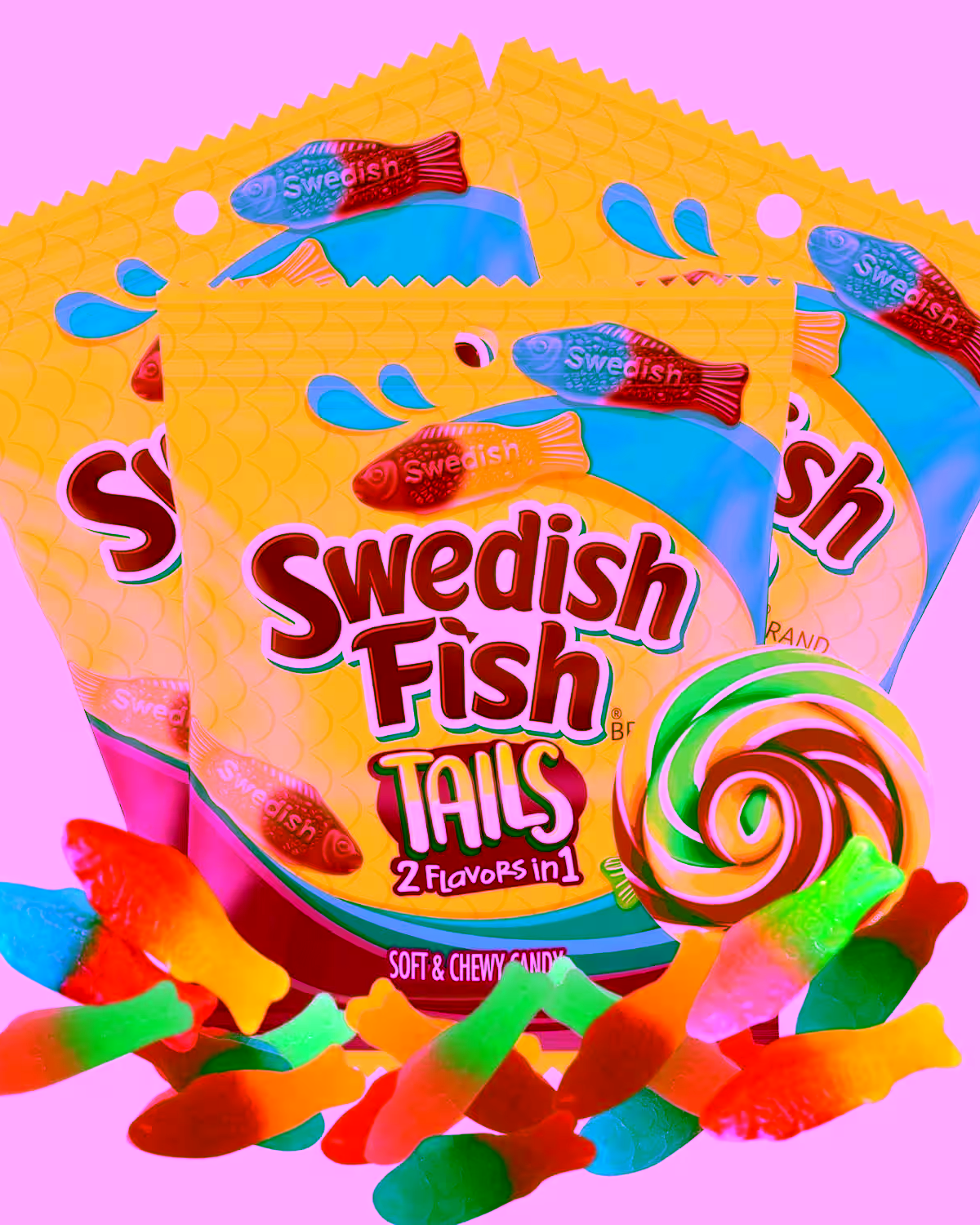 A colorful pack of SWEDISH FISH TAILS candy featuring two flavors in each piece, with flavor combinations of blue raspberry/strawberry, watermelon/pineapple, and raspberry/mango.