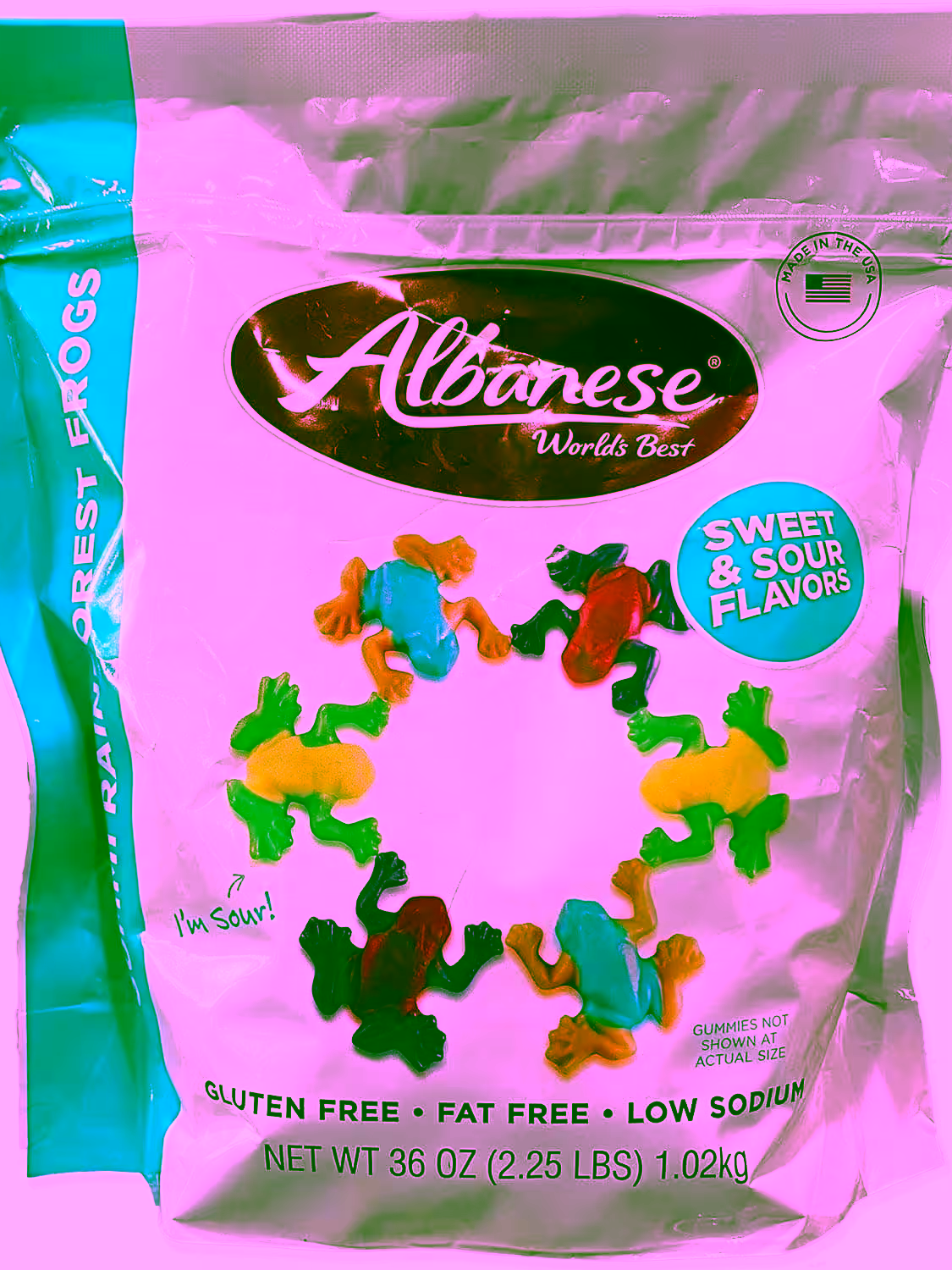 Pack of Albanese Gummi Rainforest Frogs, featuring a 2.25-pound (36oz) resealable bag of sweet and sour flavored gummy frogs.
