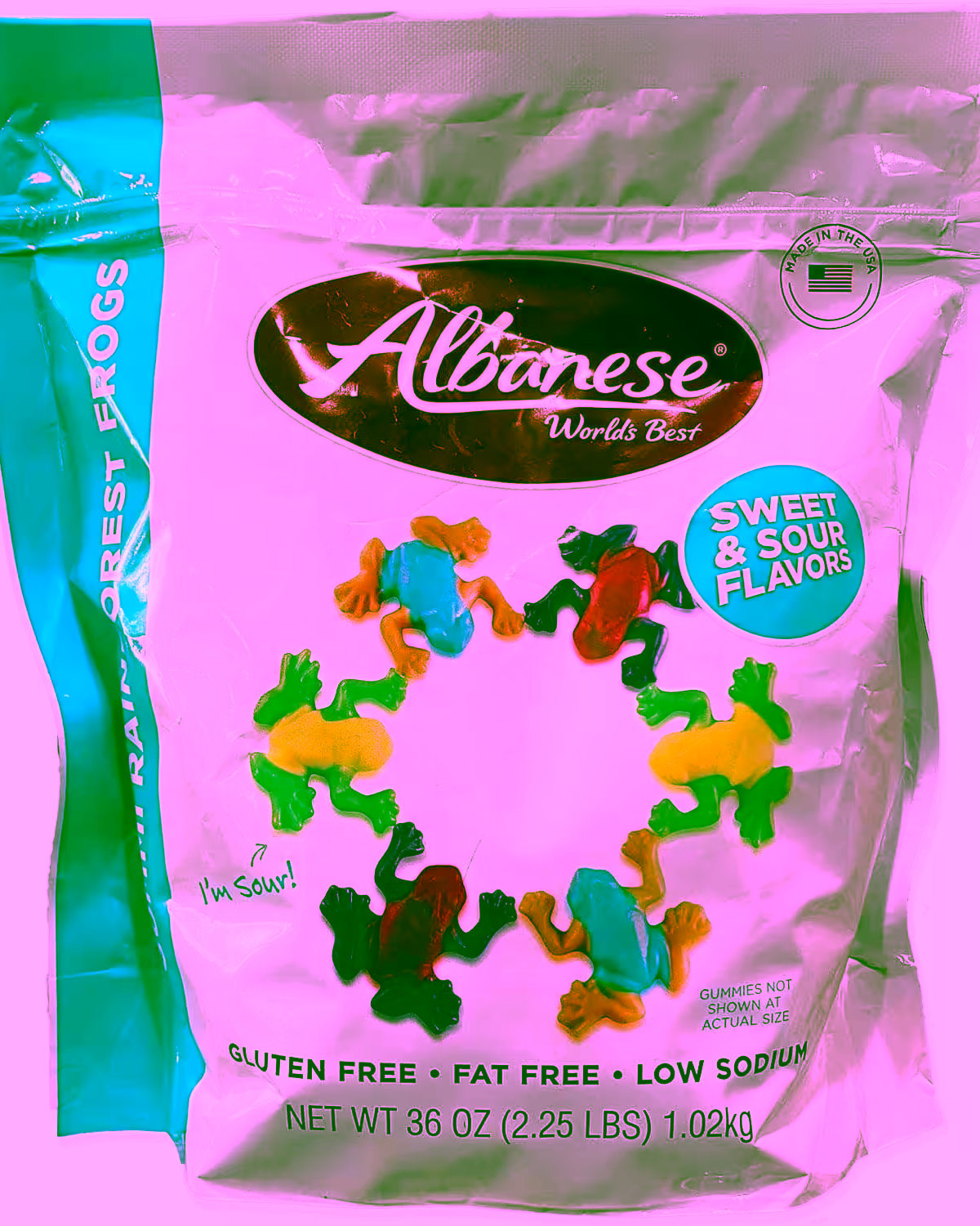 Pack of Albanese Gummi Rainforest Frogs, featuring a 2.25-pound (36oz) resealable bag of sweet and sour flavored gummy frogs.