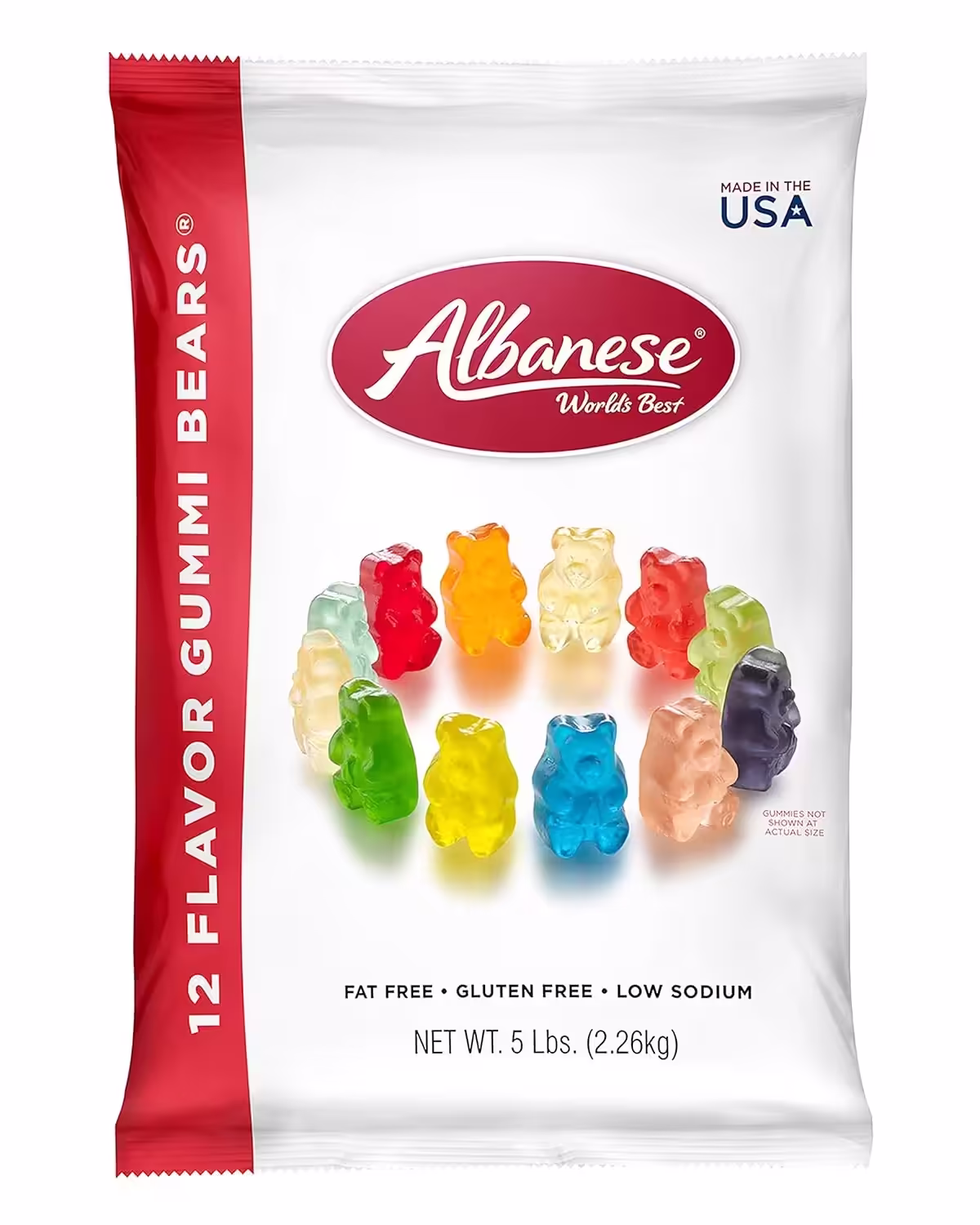 Pack of Albanese World's Best 12 Flavor Gummi Bears, featuring a 5-pound bag of assorted fruit-flavored gummy bears.