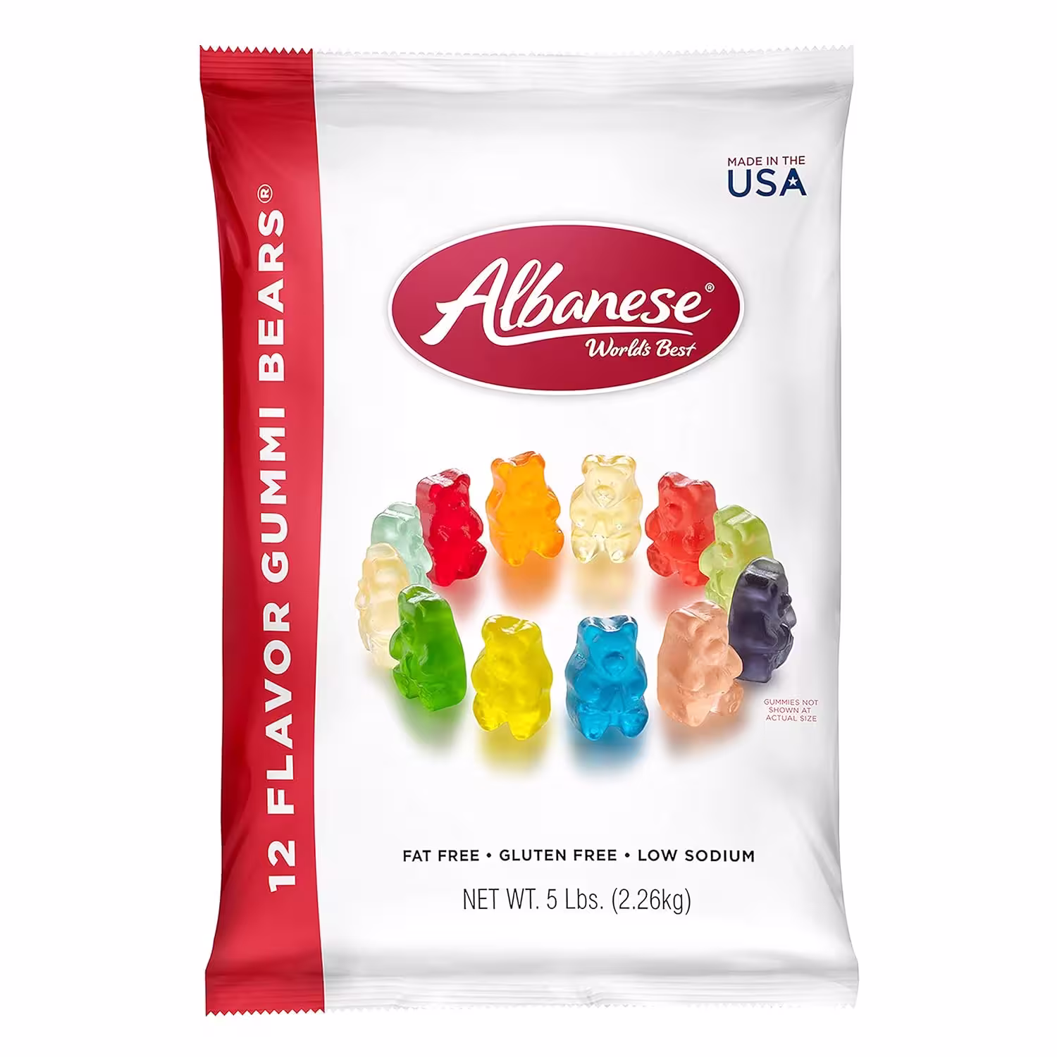 Pack of Albanese World's Best 12 Flavor Gummi Bears, featuring a 5-pound bag of assorted fruit-flavored gummy bears.