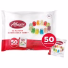 50-pack of Albanese World's Best Gummi Snack Packs - 12 Flavor Gummi Bear Cubs featuring fun-size bags with an assortment of flavors including cherry, pink grapefruit, watermelon, strawberry, orange, blue raspberry, lime, grape, green apple, mango, pineapple, and lemon.