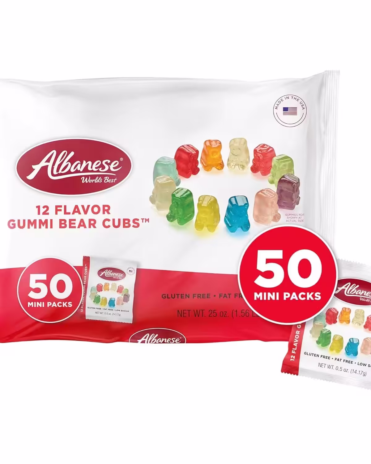 50-pack of Albanese World's Best Gummi Snack Packs - 12 Flavor Gummi Bear Cubs featuring fun-size bags with an assortment of flavors including cherry, pink grapefruit, watermelon, strawberry, orange, blue raspberry, lime, grape, green apple, mango, pineapple, and lemon.